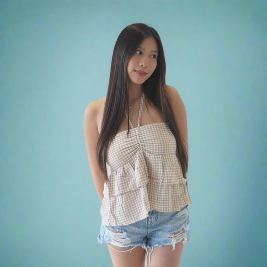 Ruffle Tie Top Beige