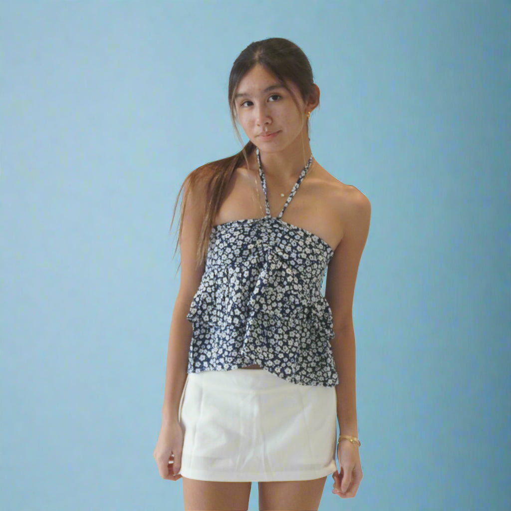 Ruffle Tie Top Navy Blue